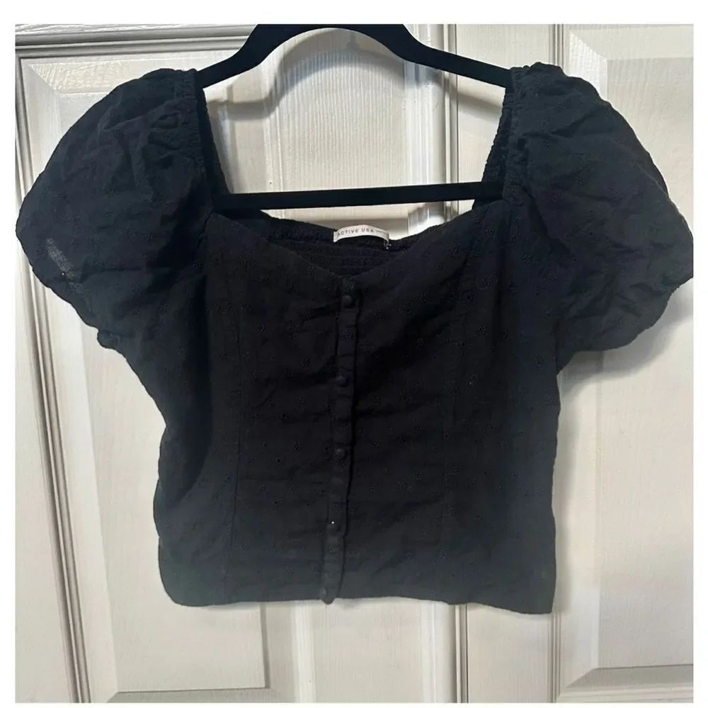 Active USA black cropped short sleeved button front top